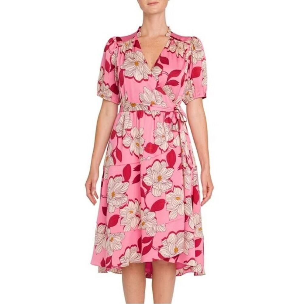Draper James pink cream red floral wrap midi dress size Small